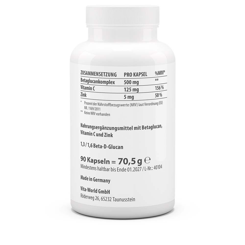 Dos du flacon blanc. Contient des informations sur les ingrédients, les valeurs nutritionnelles et le fabricant. 90 capsules, 70,5 g, Fabriqué en Allemagne.
