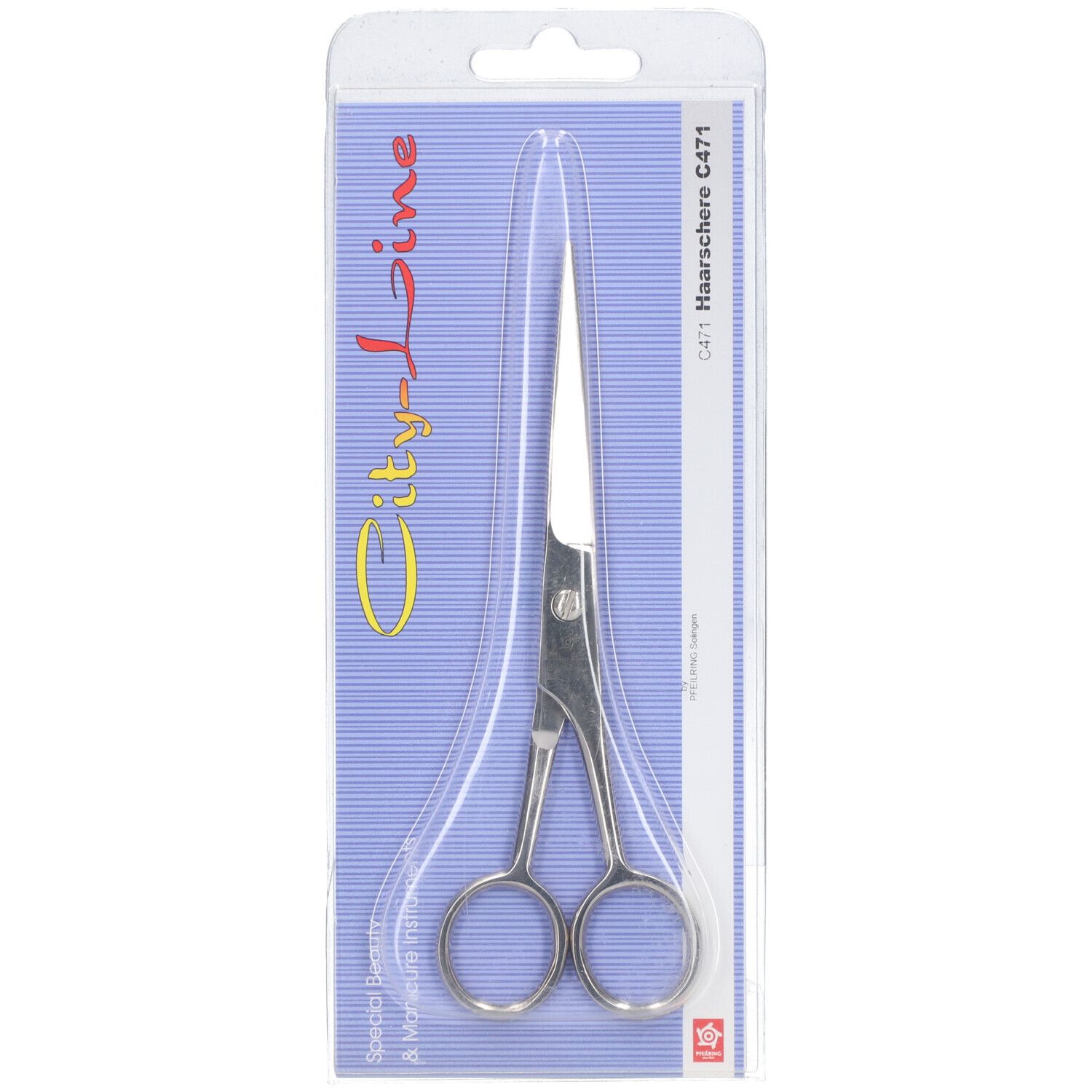 Ciseaux à cheveux C471 dans un emballage blister. Métal argenté. Sur fond bleu avec inscription City-Line.