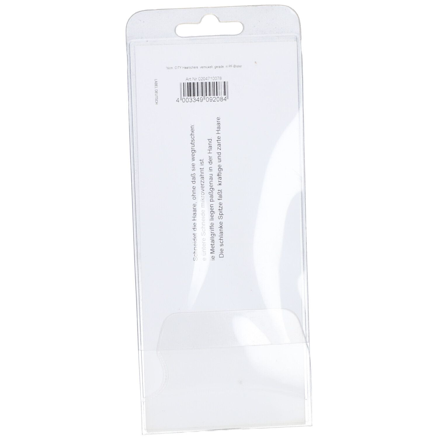 Dos de l'emballage blister avec informations sur le produit et code-barres. Plastique transparent.