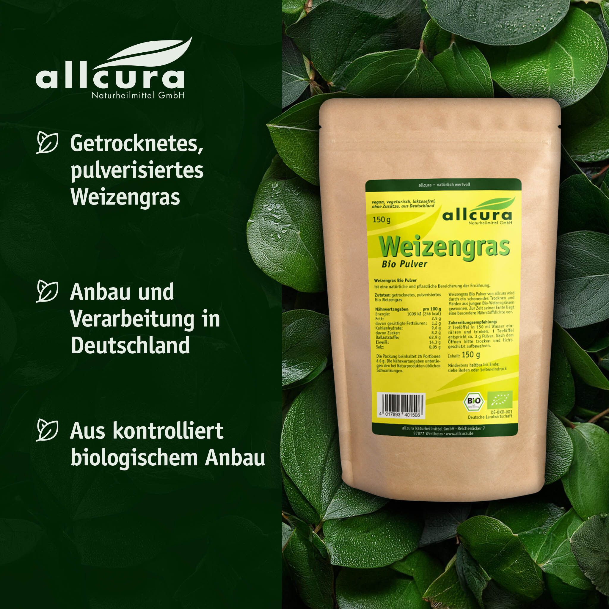 Sachet de poudre de Weizengras Bio. Emballage marron avec étiquette jaune. Contient 150g. Label bio. Marque : allcura.