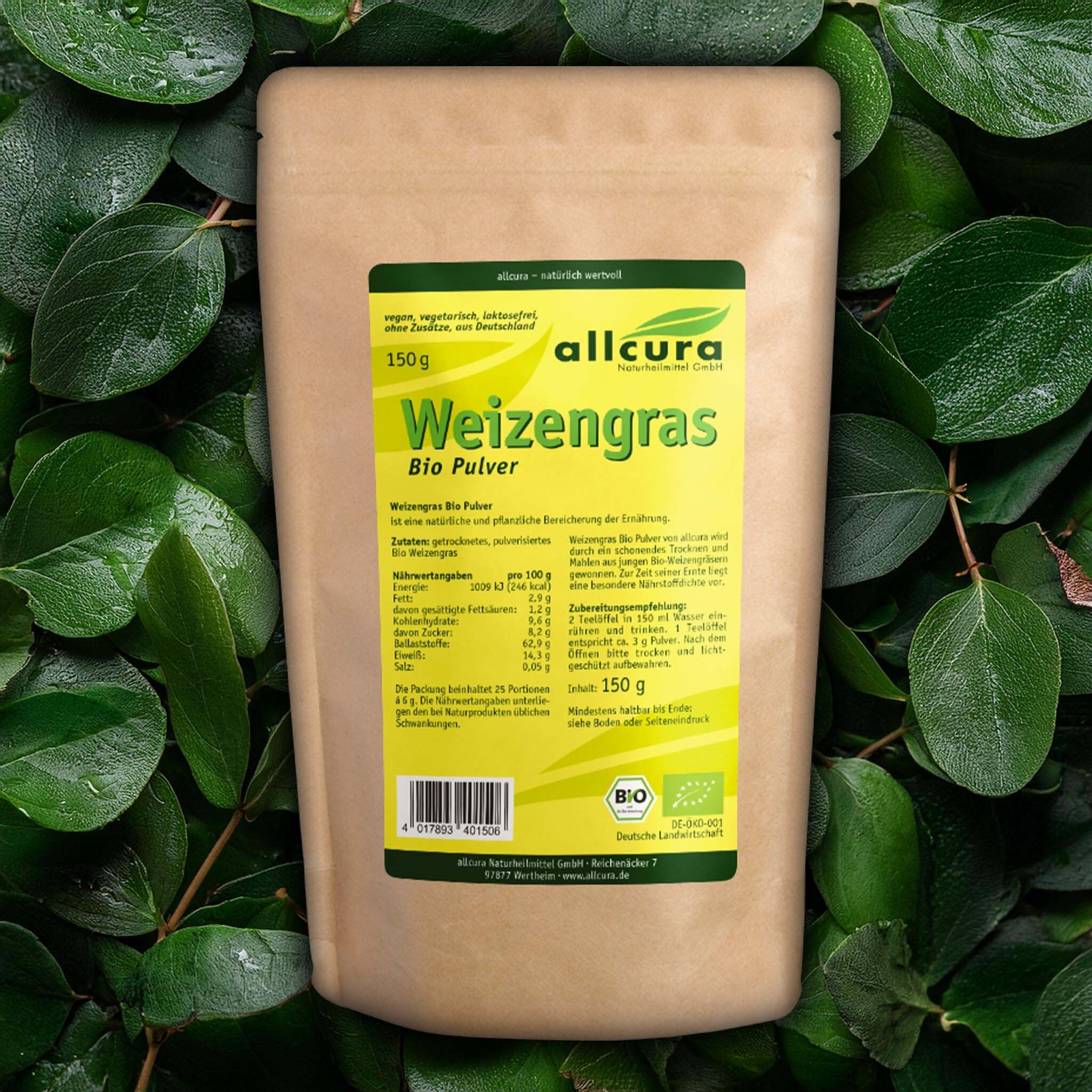 Sachet de poudre de Weizengras Bio. Emballage marron avec étiquette jaune. Contient 150g. Label bio. Marque : allcura.