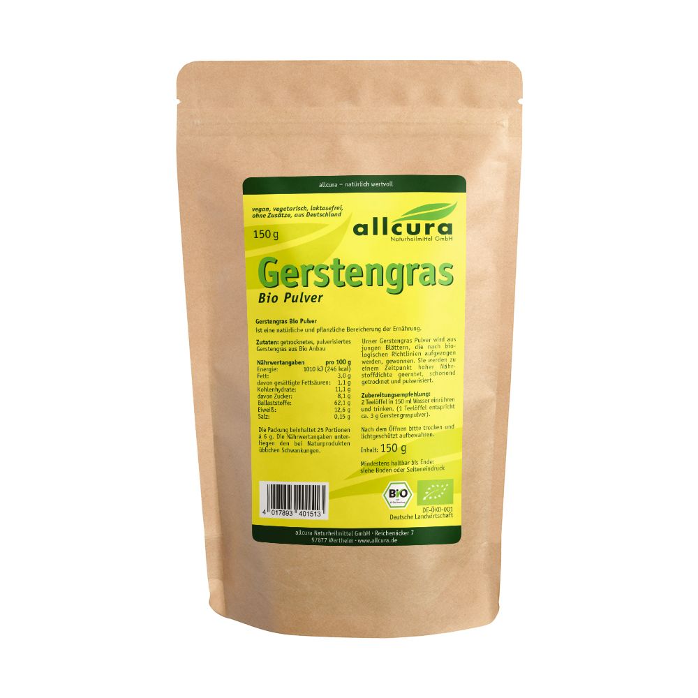 Beutel mit gelbem Etikett. Aufschrift: Gerstengras Bio-Pulver. Bio-Siegel. 150g.