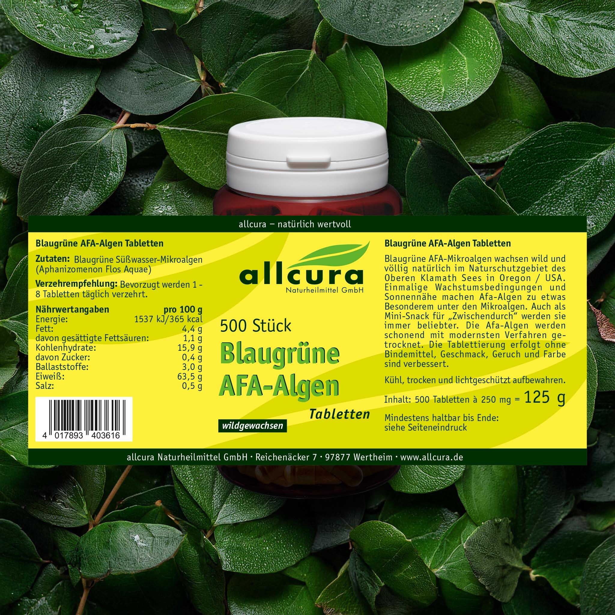 Flacon de comprimés marron avec couvercle blanc, entouré de feuilles. Inscription : 500 comprimés d'algues AFA bleu-vert. Informations nutritionnelles.