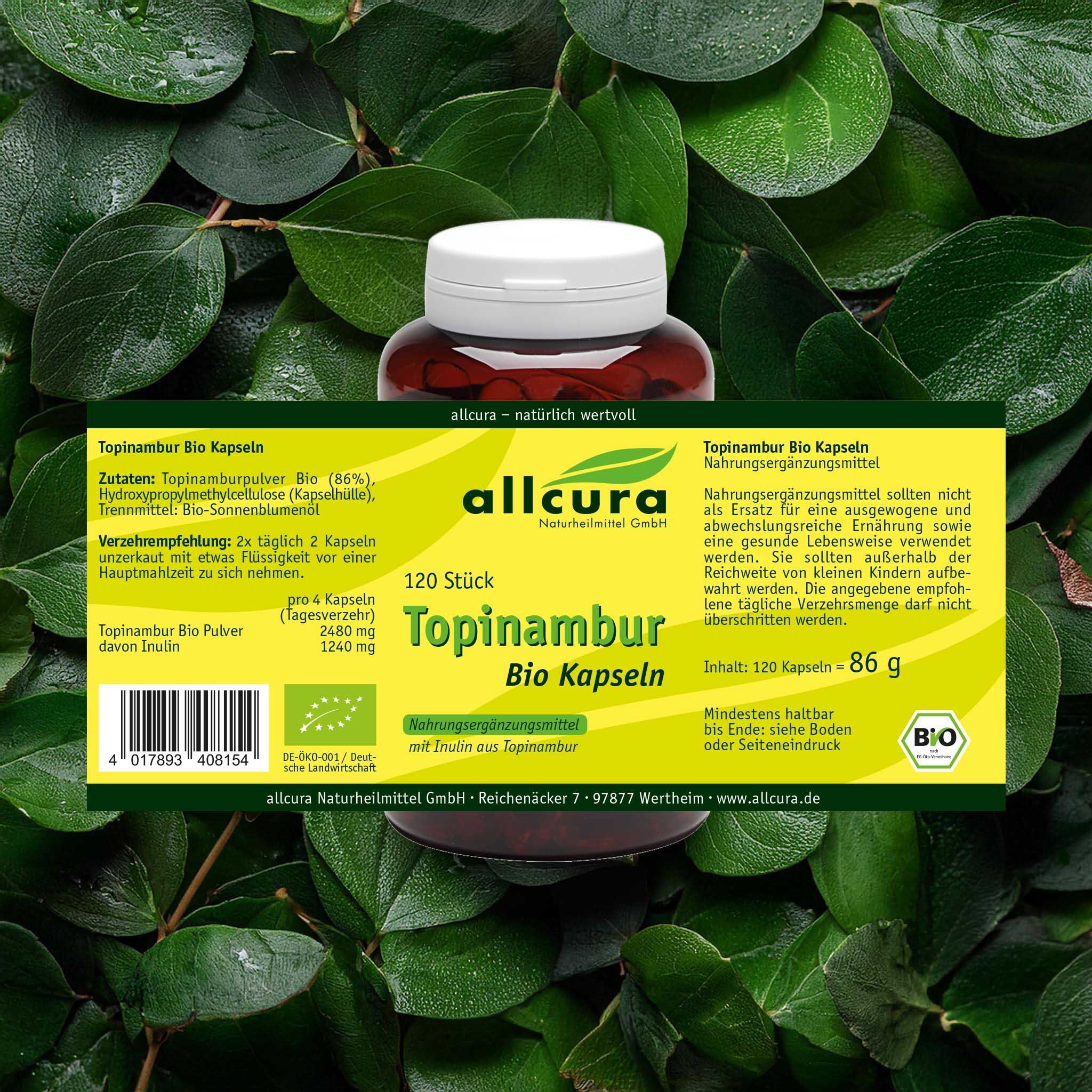 Flacon marron avec étiquette jaune, entouré de feuilles vertes. Inscription : Topinambur Kapseln, 120 St. allcura.