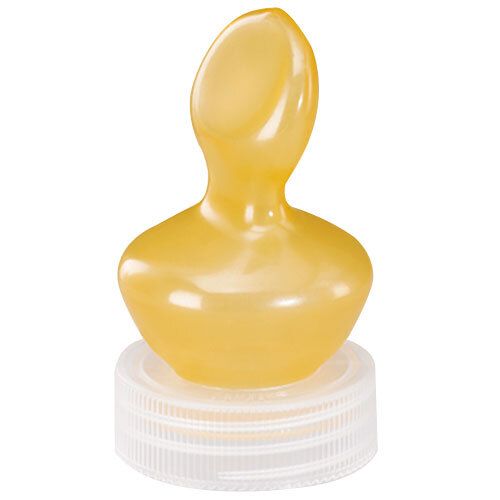 Gelber Latex-Sauger mit weißem Schraubring. Ovale Form mit abgerundeter Spitze.