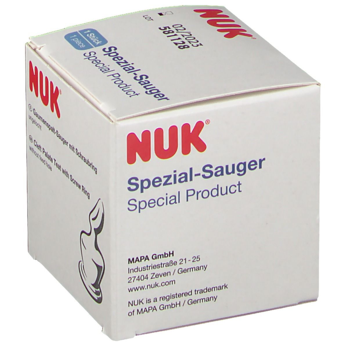 Verpackung mit NUK-Logo. Text: Spezial-Sauger, Gaumenspaltensauger mit Schraubring, ungelocht. Herstelleradresse.