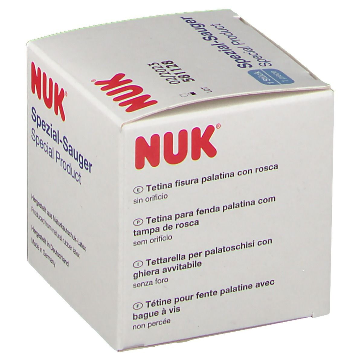 Verpackung mit NUK-Logo. Text: Spezial-Sauger. Tetina fisura palatina con rosca, sin orificio.