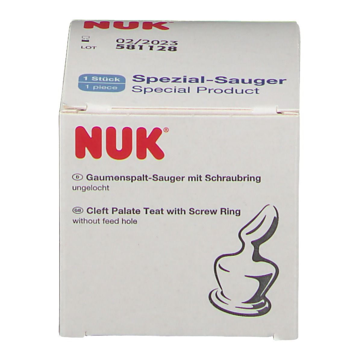 Verpackung mit NUK-Logo. Text: Spezial-Sauger, Gaumenspaltensauger mit Schraubring, ungelocht. 1 Stück.