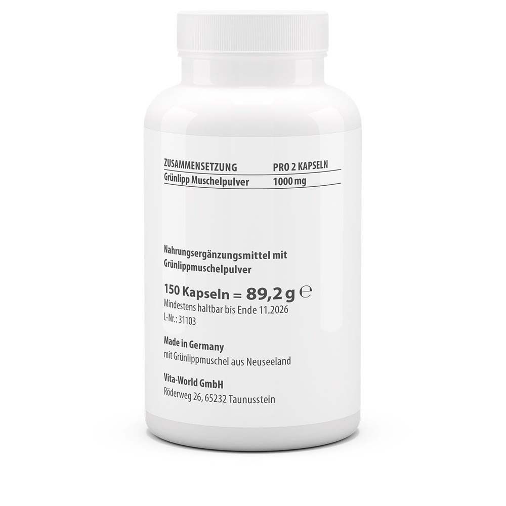 Dos du flacon blanc. Inscription: Composition, poudre de moules aux orles verts, 1000 mg pour 2 gélules, 150 gélules = 89,2 g.