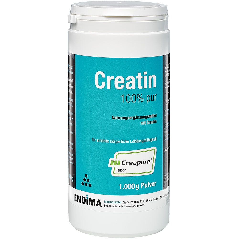 Récipient blanc avec étiquette bleue. Inscription : Créatine 100% pure, Creapure. 1 000g de poudre. Marque : Endima.