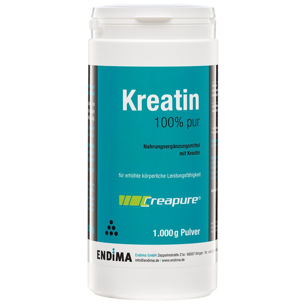 Weißer Behälter mit blauem Etikett. Aufschrift: Kreatin 100% pur, Creapure, 1.000g Pulver. Marke: Endima.