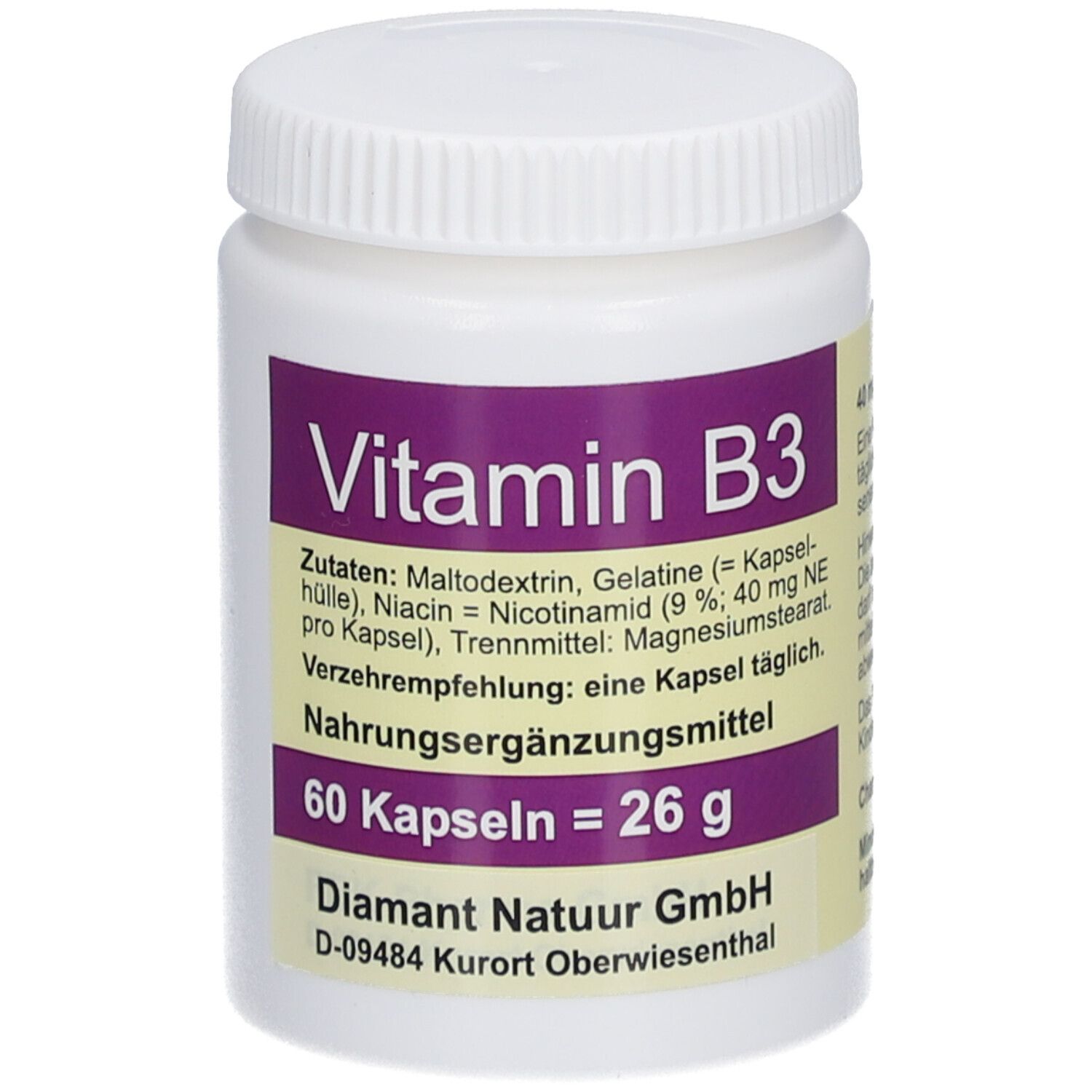 Weiße Flasche mit lila Etikett. Aufschrift: Vitamin B3, 60 Kapseln. Zutatenliste und Herstellerangaben.