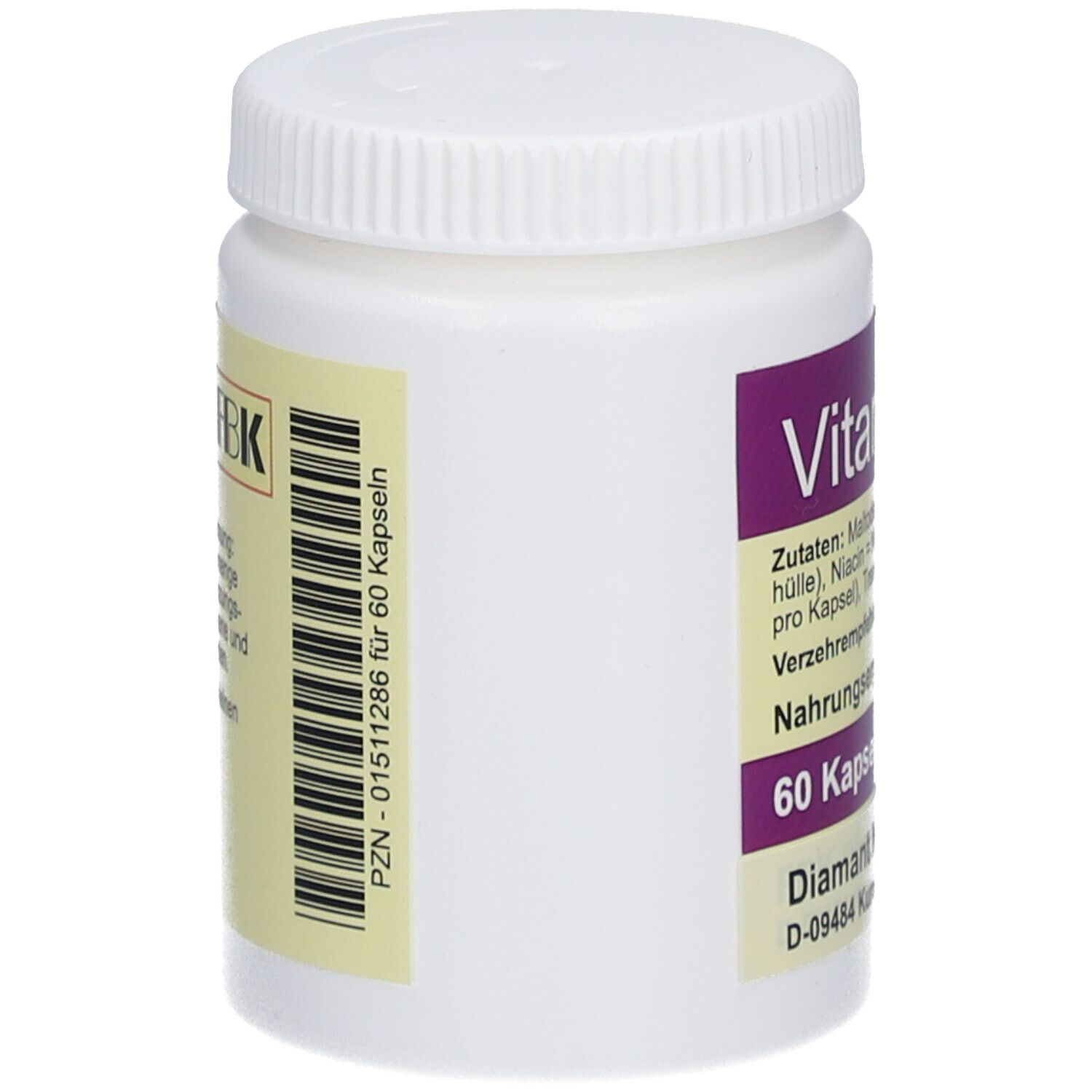 Weiße Flasche mit lila Etikett. Aufschrift: Vitamin B3, 60 Kapseln. Zutatenliste und Herstellerangaben.