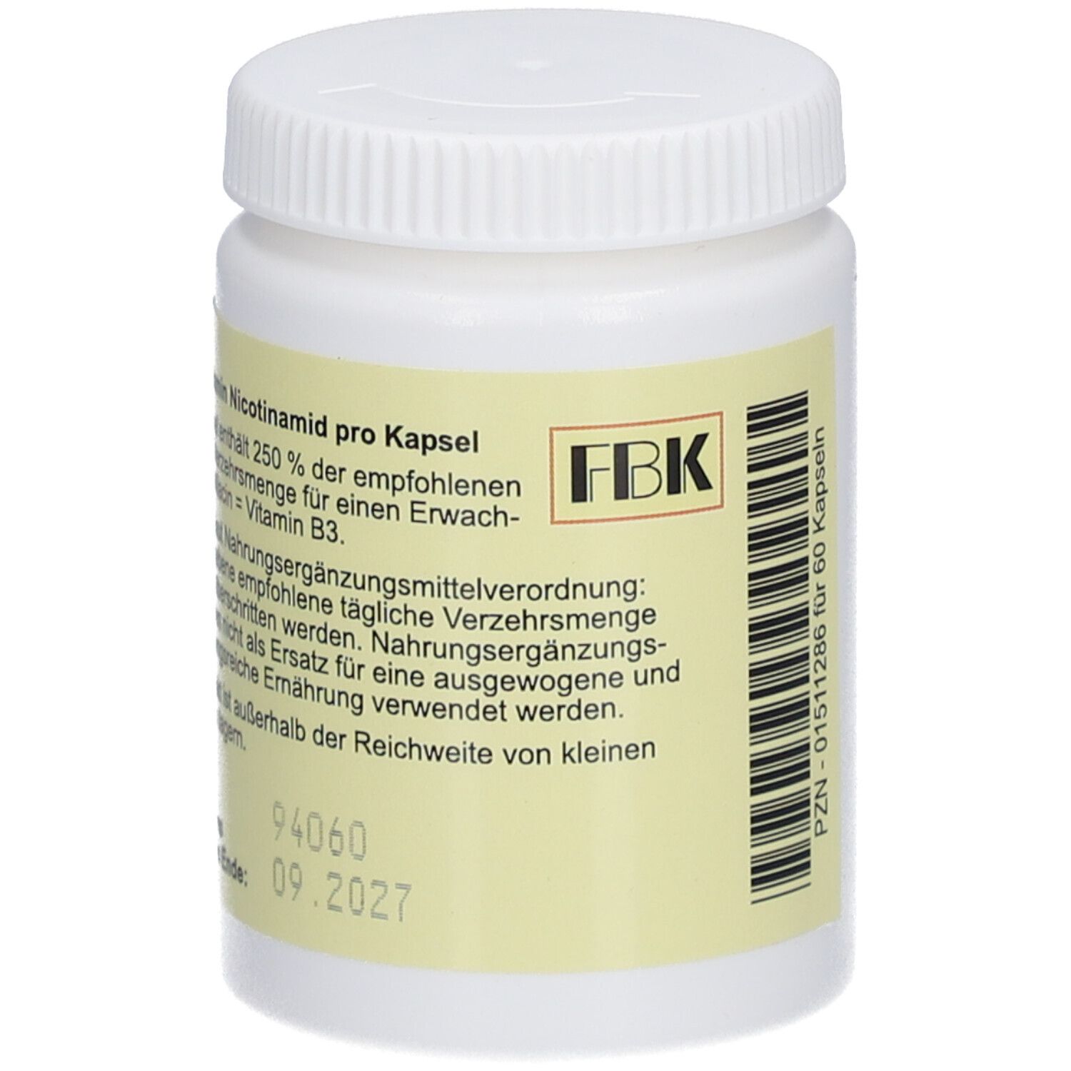 Weiße Flasche mit lila Etikett. Aufschrift: Vitamin B3, 60 Kapseln. Zutatenliste und Herstellerangaben.