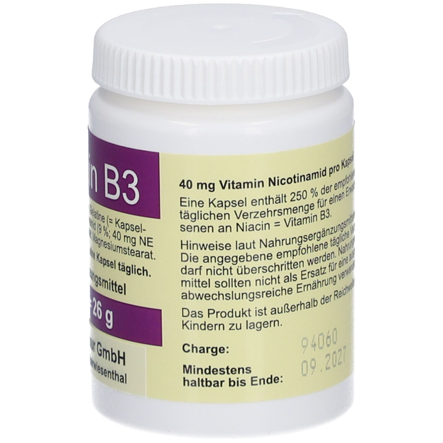 Weiße Flasche mit lila Etikett. Aufschrift: Vitamin B3, 60 Kapseln. Zutatenliste und Herstellerangaben.