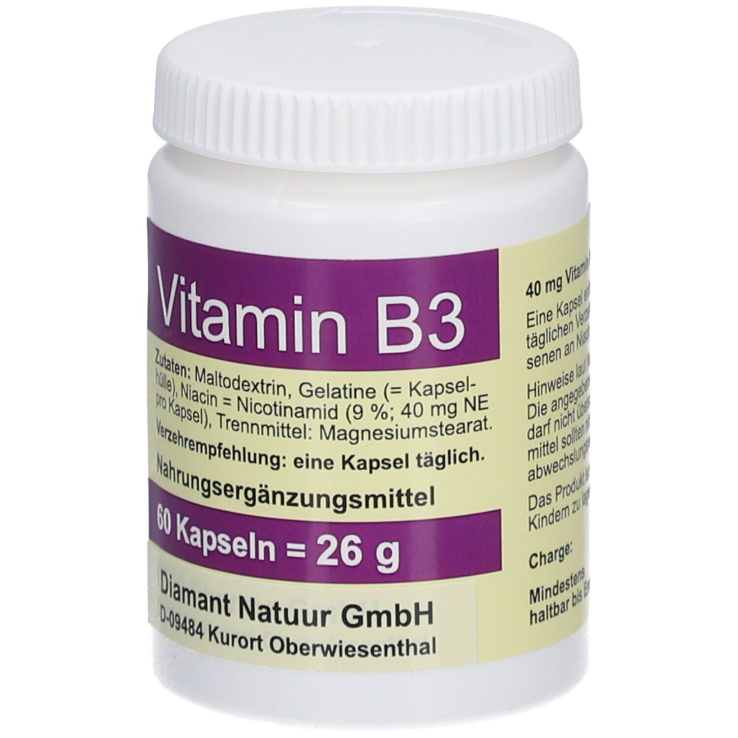 Weiße Flasche mit lila Etikett. Aufschrift: Vitamin B3, 60 Kapseln. Zutatenliste und Herstellerangaben.