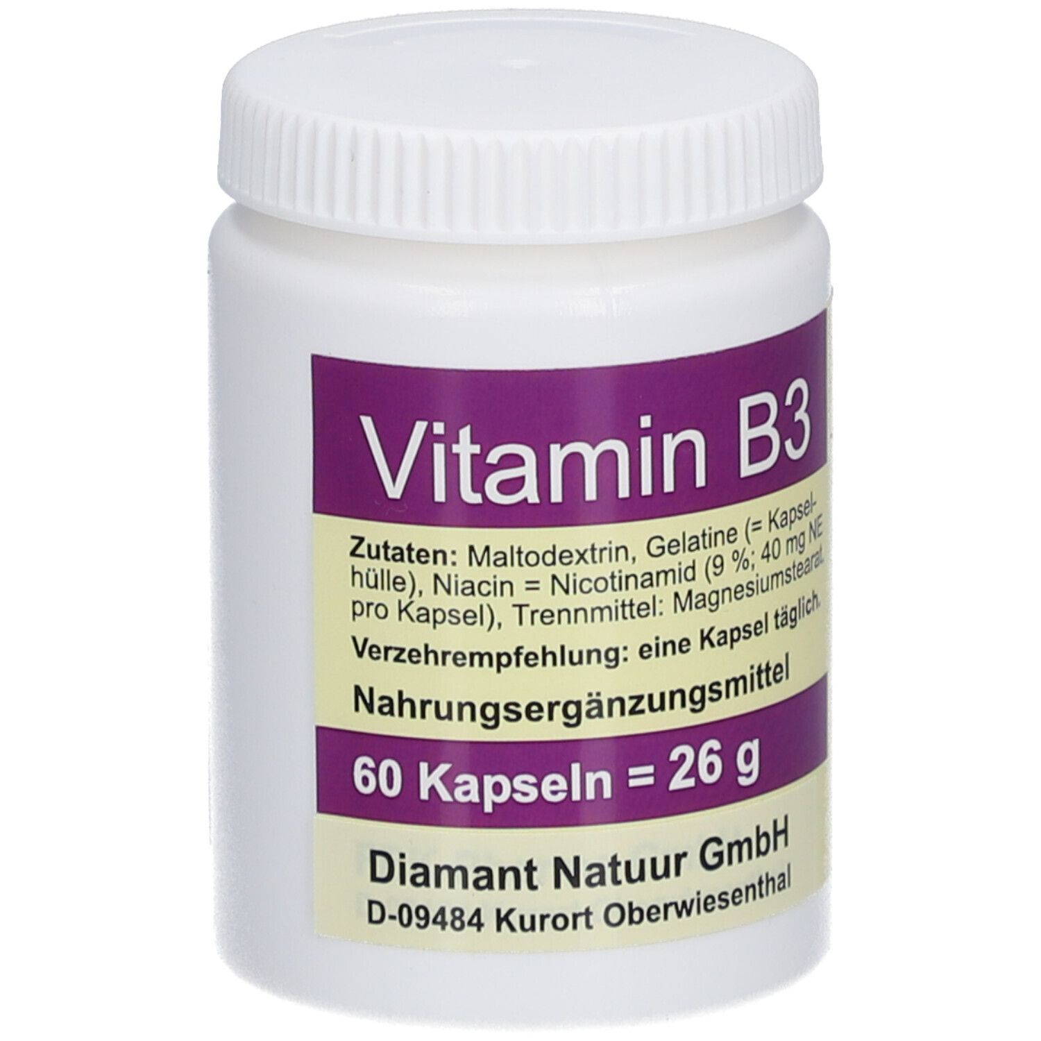 Weiße Flasche mit lila Etikett. Aufschrift: Vitamin B3, 60 Kapseln. Zutatenliste und Herstellerangaben.