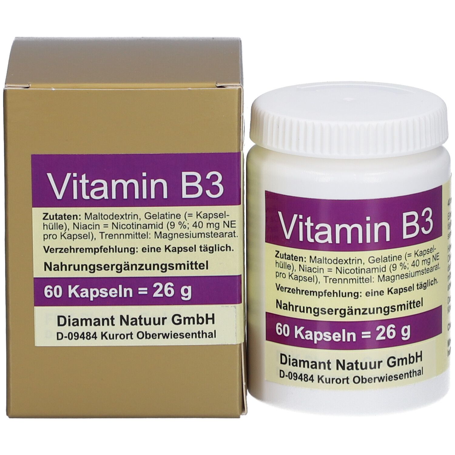 Vitamin B3 Flasche und Karton. Flasche mit lila Etikett, 60 Kapseln. Karton mit Produktinformationen.