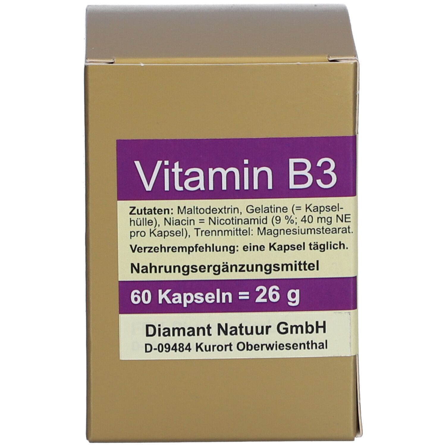 Karton mit lila Etikett. Aufschrift: Vitamin B3, 60 Kapseln. Zutatenliste und Herstellerangaben.