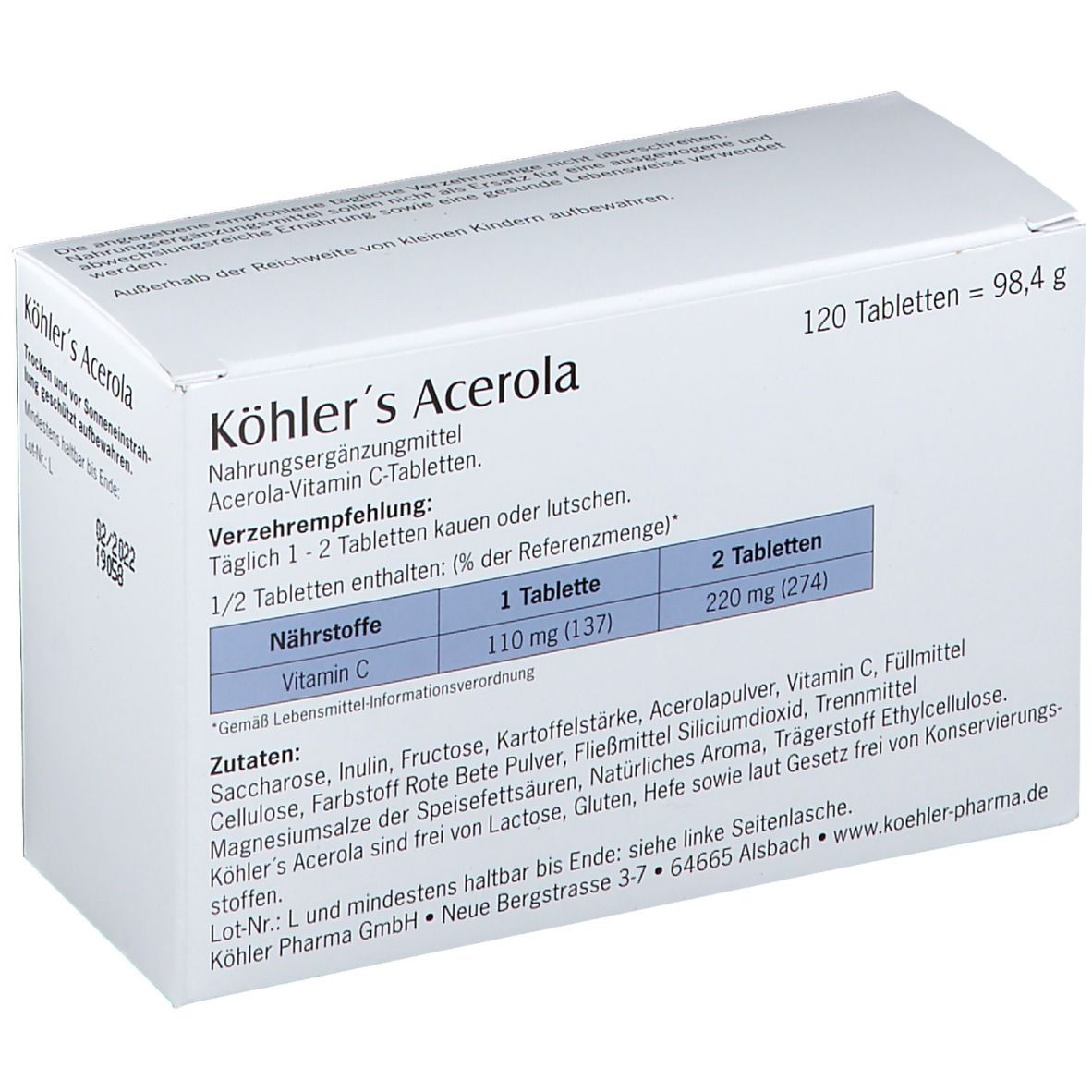 Schachtel mit Köhlers Acerola Tabletten. Aufdruck: Acerola-Vitamin C-Tabletten, 120 Tabletten, Kirsch-Illustration.