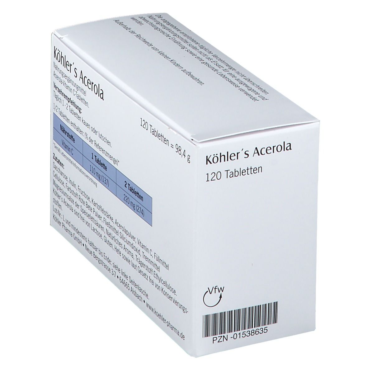 Schachtel mit Köhlers Acerola Tabletten. Aufdruck: Acerola-Vitamin C-Tabletten, 120 Tabletten, Kirsch-Illustration.