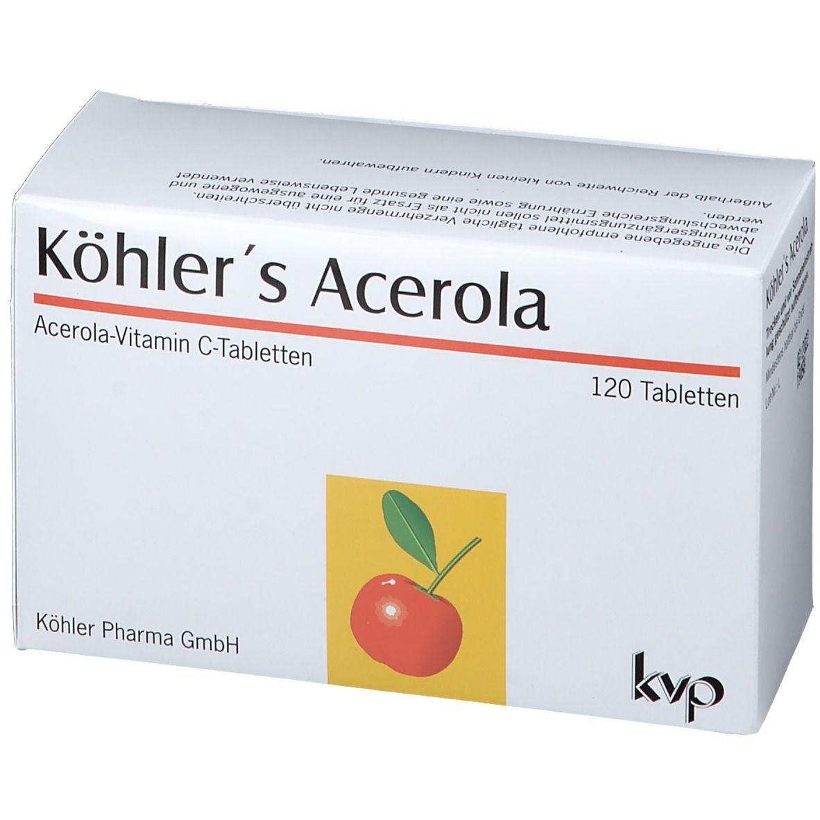 Schachtel mit Köhlers Acerola Tabletten. Aufdruck: Acerola-Vitamin C-Tabletten, 120 Tabletten, Kirsch-Illustration.