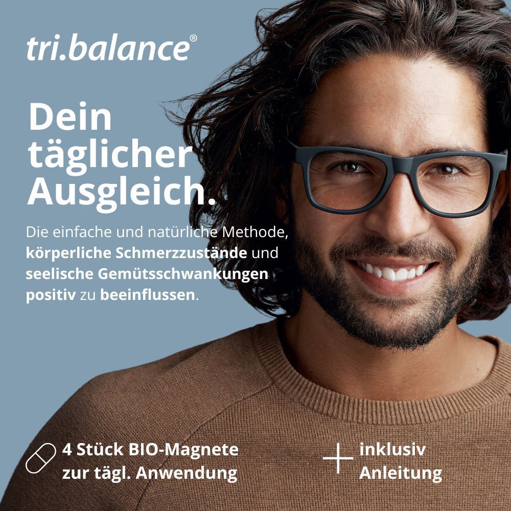 Mann mit Brille und Text: "tri.balance Dein täglicher Ausgleich."