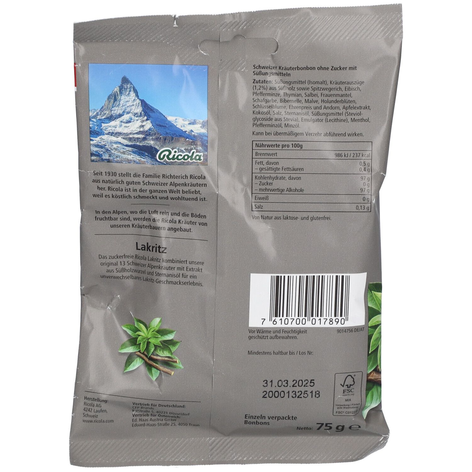 Ricola® Schweizer Kräuterbonbon Lakritz zuckerfrei
