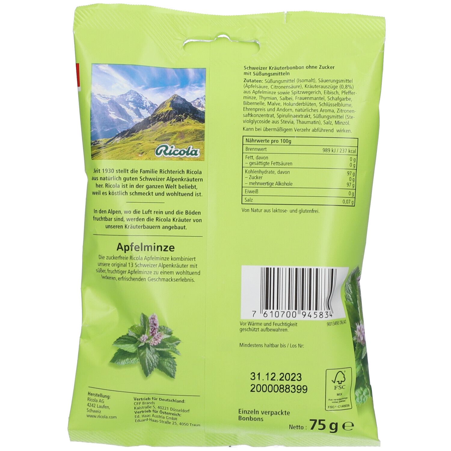 Ricola® Schweizer Kräuterbonbons Apfelminze ohne Zucker 75 g Redcare