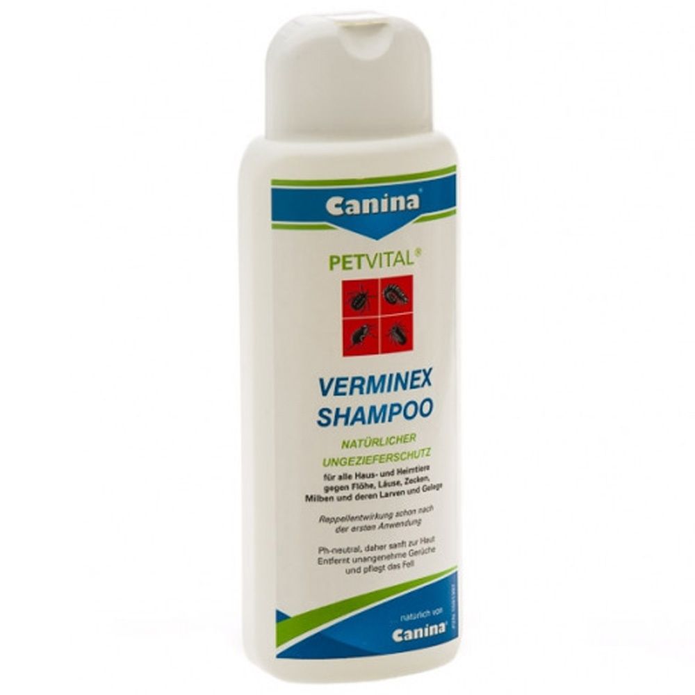 Weiße Flasche mit blau-grüner Beschriftung. Enthält Canina PETVITAL Verminex Shampoo. Text und Logo deutlich sichtbar.