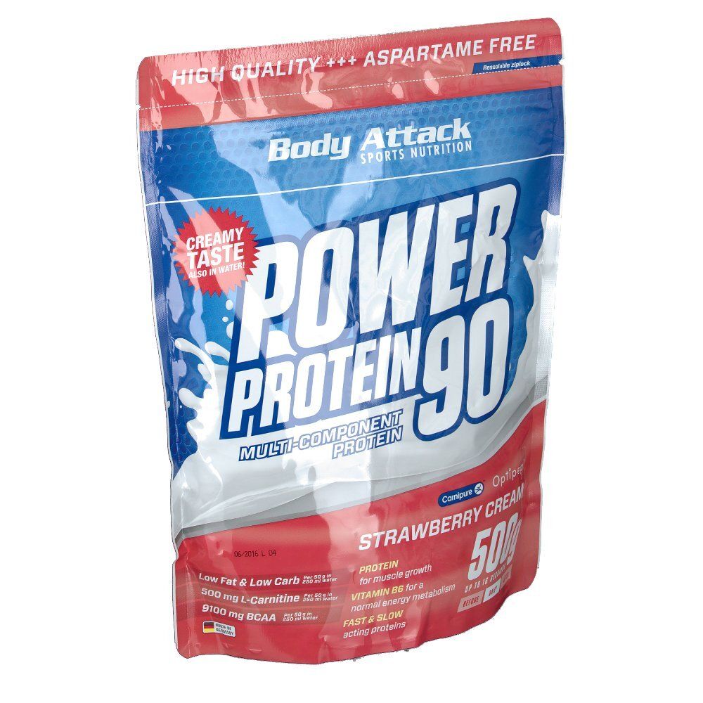 Sachet de Body Attack Power Protein 90 Crème Fraise. Texte principal : Power Protein 90. 500g. Sans aspartame. Goût crémeux. Faible en gras et glucides.