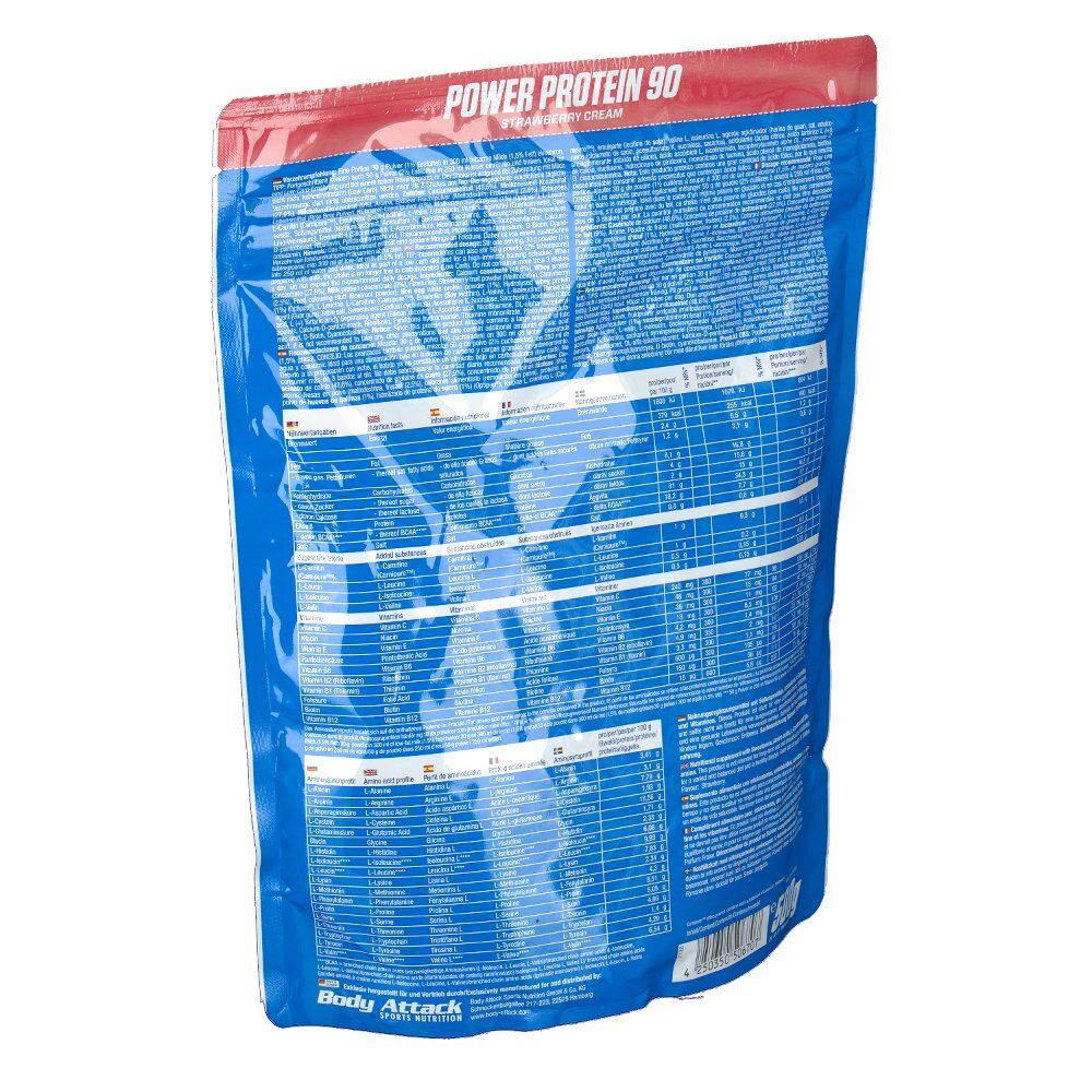 Dos du sachet Body Attack Power Protein 90. Surface bleue avec textes et tableaux blancs. Texte principal : Power Protein 90. 500g.