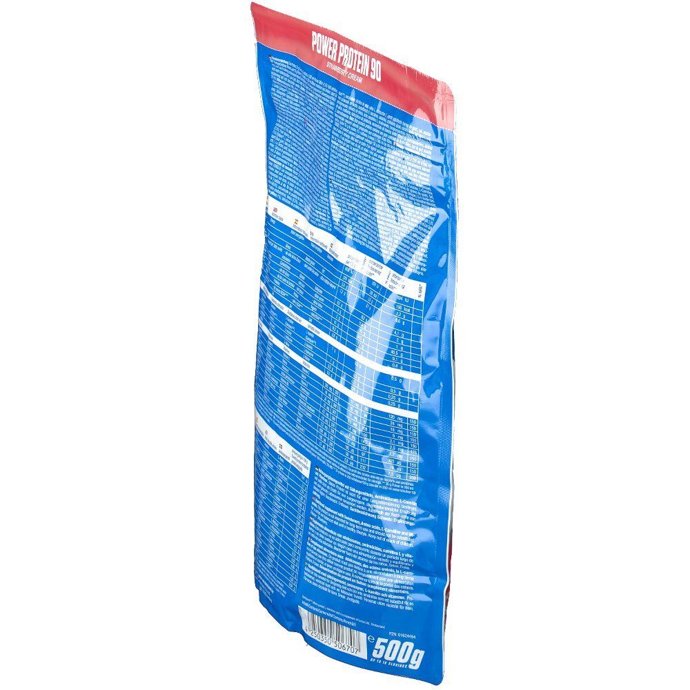 Vue oblique du dos du sachet Body Attack Power Protein 90. Surface bleue avec textes et tableaux blancs. 500g.