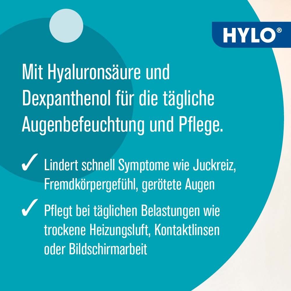 Texte sur fond bleu : Avec acide hyaluronique et dexpanthénol. Soulage les symptômes. Soigne en cas de sécheresse due au chauffage.