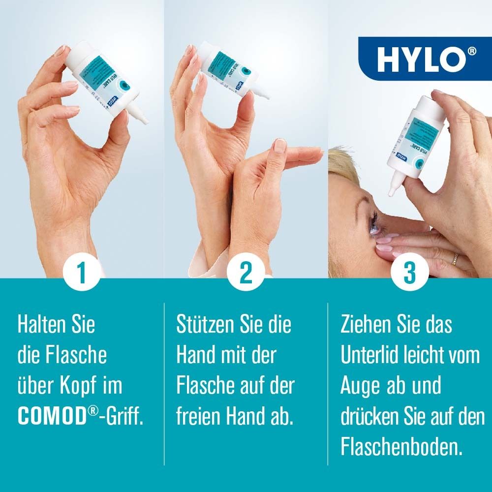 Application de HYLO CARE® : 3 étapes. Tenir le flacon à l'envers. Soutenir la main. Tirer la paupière inférieure et appuyer.