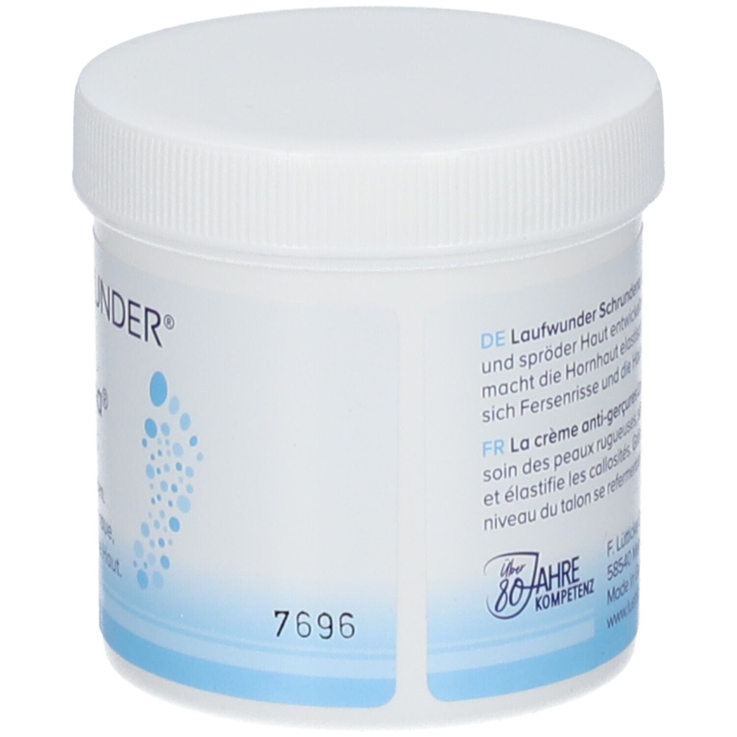 Pot blanc avec couvercle. Inscription : LAUFWUNDER, Schrundena, régénérant. Texte au dos.