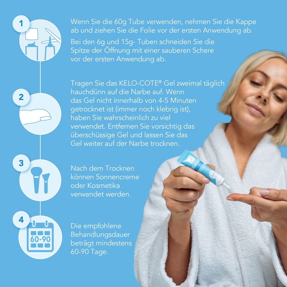 Femme appliquant Kelo-cote® Gel. Instructions: ouvrir, enlever film, appliquer gel, laisser sécher.