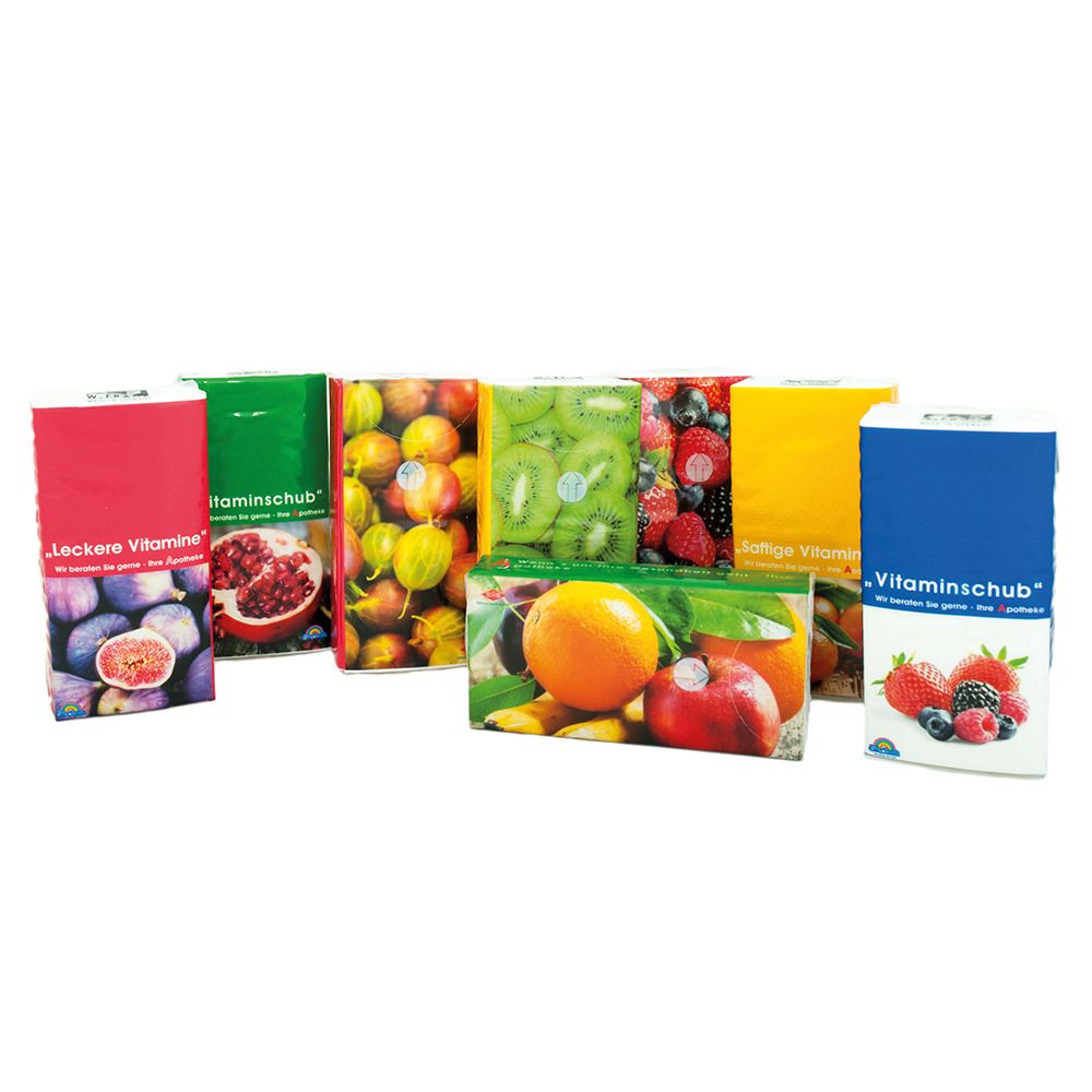 Mehrere Packungen mit Fruchtmotiven: Feigen, Granatapfel, Stachelbeeren, Kiwi, Beeren, Orange, Apfel.