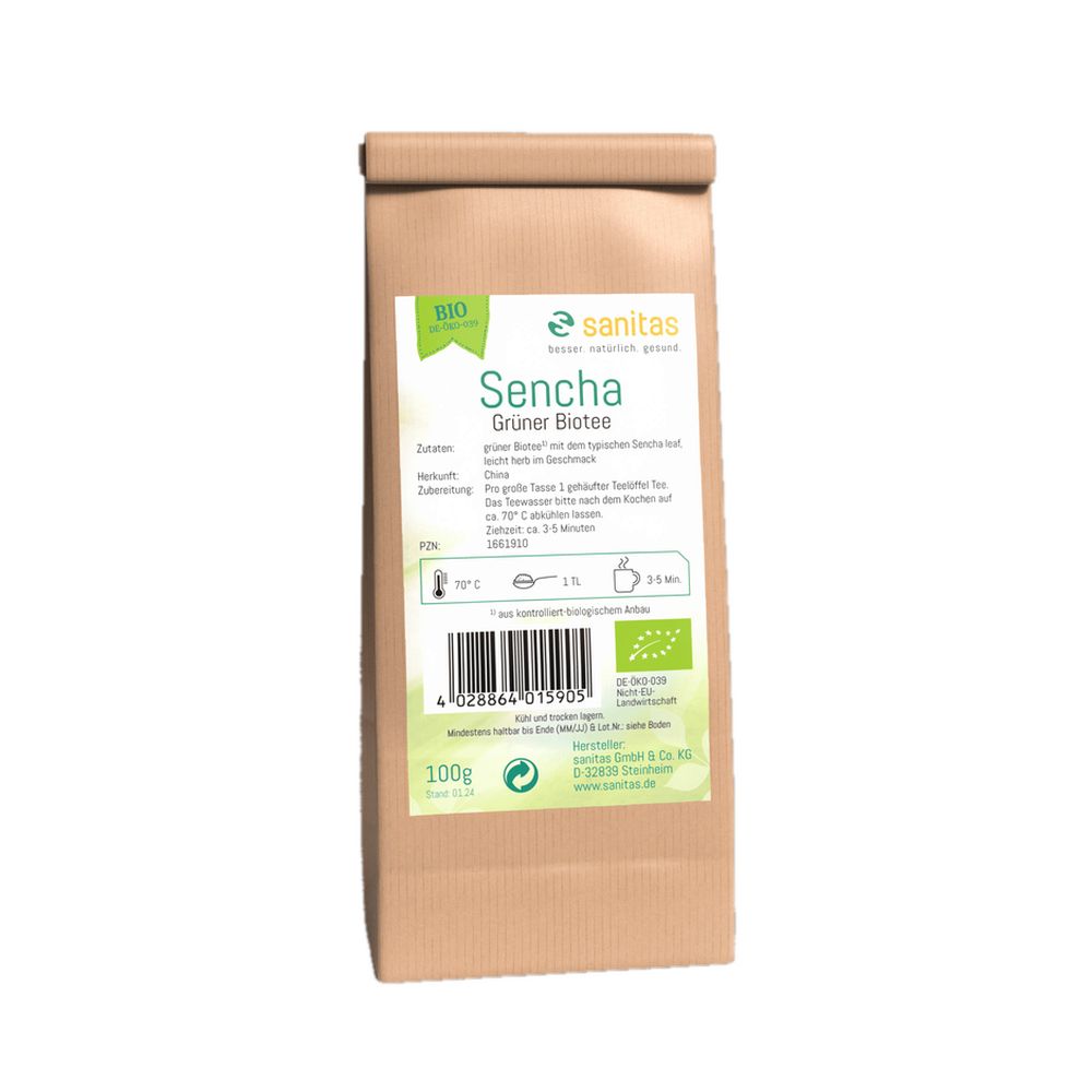Sanitas Sencha Grüner BioTee, 100g Packung mit Bio-Siegel und Barcode.