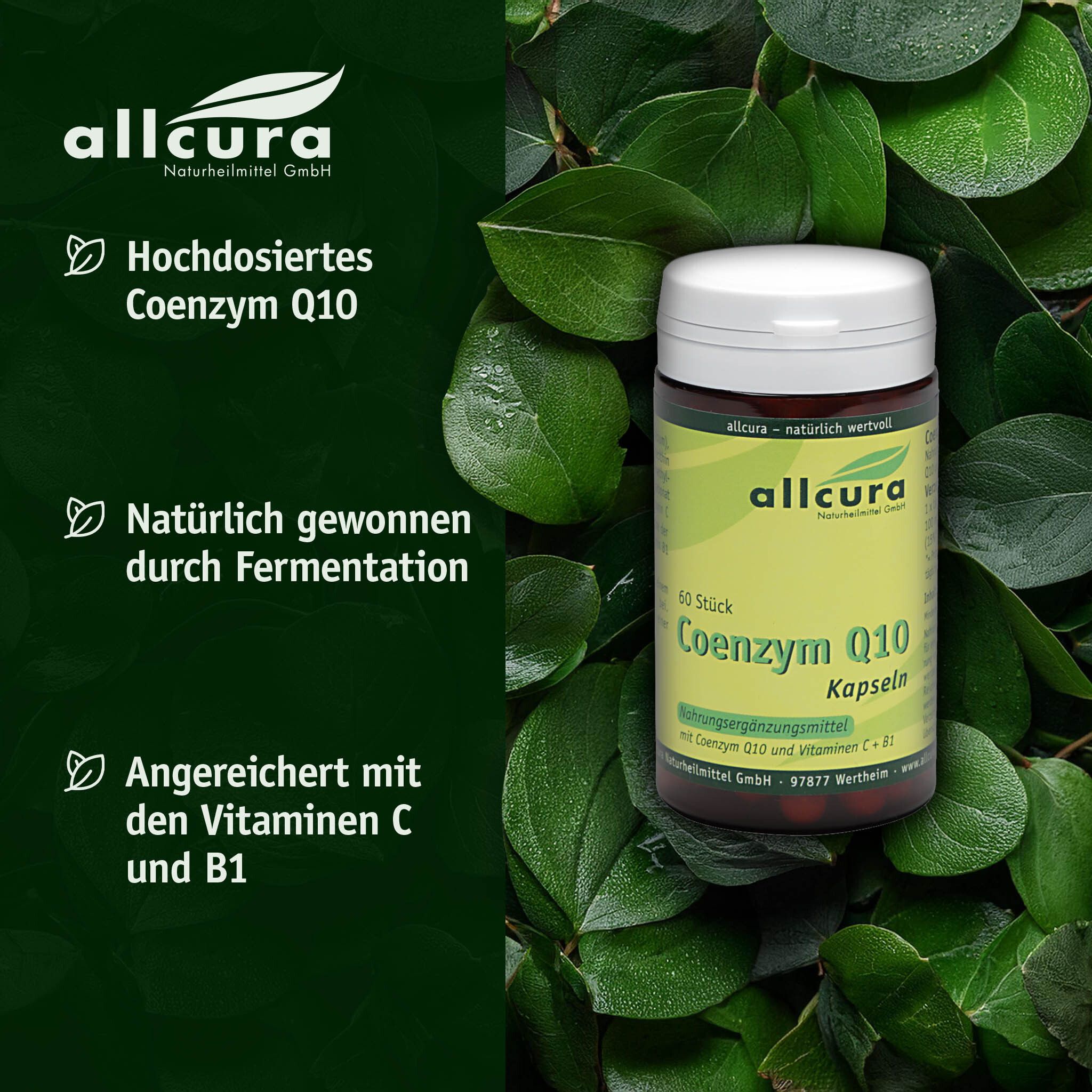 Dose mit weißem Deckel, umgeben von Blättern. Text: allcura, Hochdosiertes Coenzym Q10, natürlich gewonnen, angereichert mit Vitaminen.