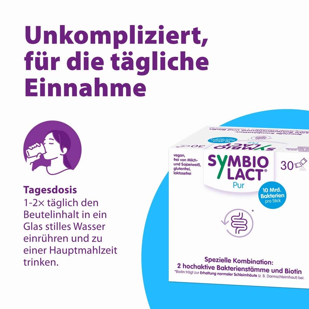 Produktbox SymbioLact Pur. Text: Unkompliziert, für die tägliche Einnahme. 1-2 Beutel in Wasser. 30 Beutel.
