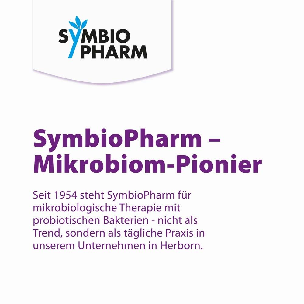 Logo SymbioPharm. Text: SymbioPharm - Mikrobiom-Pionier. Seit 1954. Mikrobiologische Therapie mit probiotischen Bakterien.