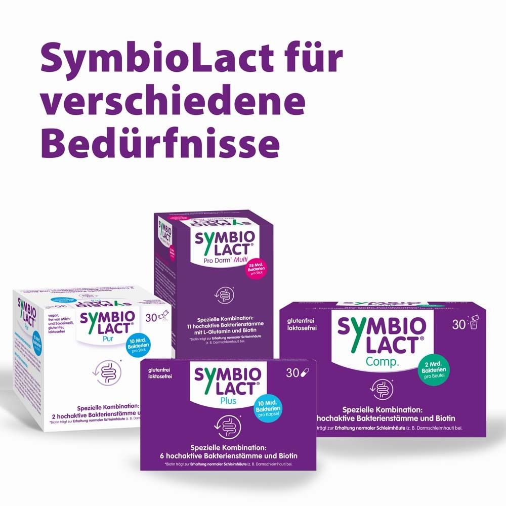 Verschiedene SymbioLact Produkte. Text: SymbioLact für verschiedene Bedürfnisse. Pro Dano, Plus, Comp.