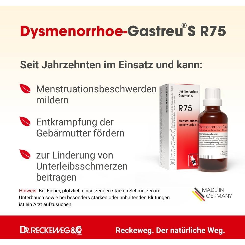 Informations produit sur Dysmenorrhoe-Gastreu S R75 gouttes avec indications et sceau "Made in Germany".