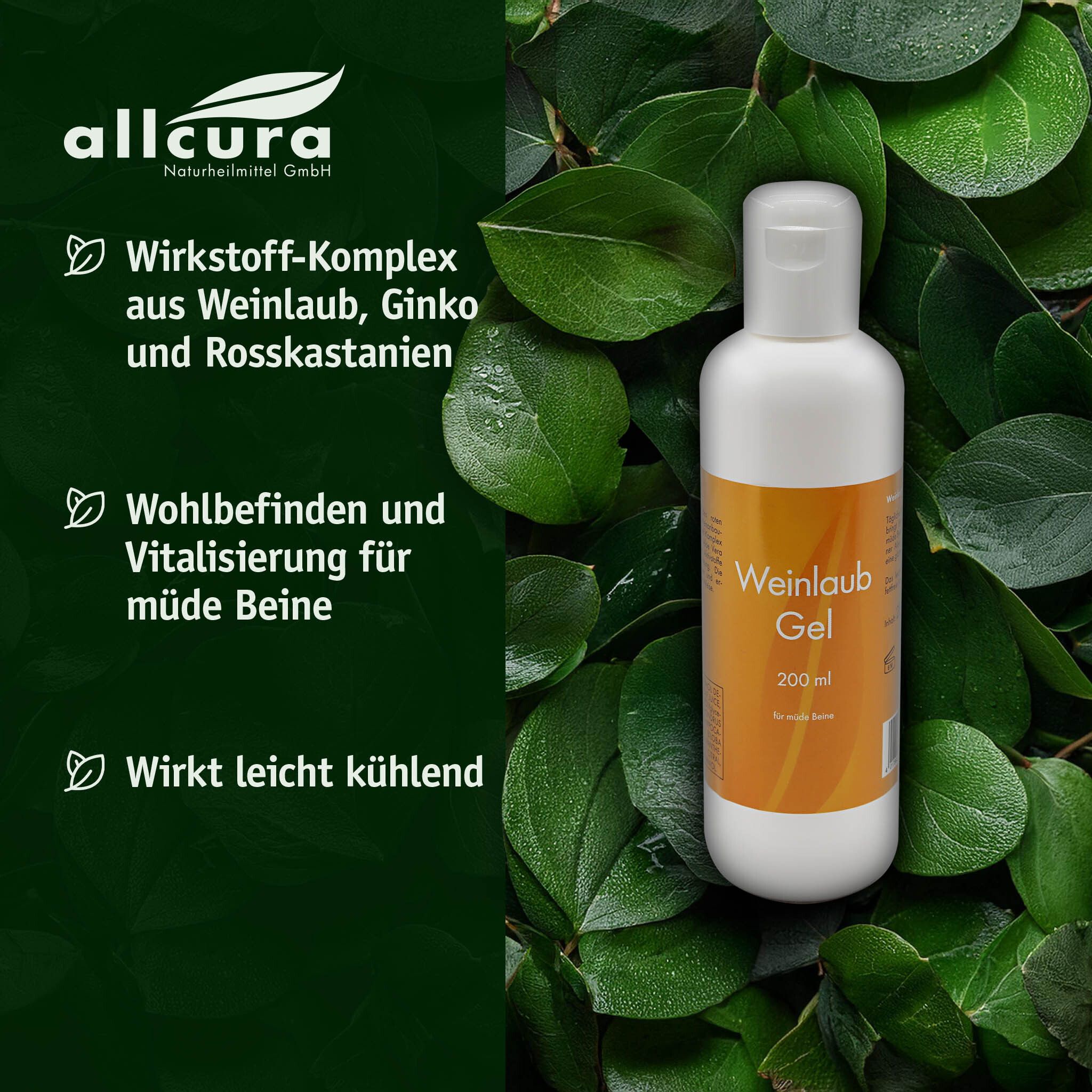 Flacon Weinlaub Gel blanc sur fond vert. Texte: Complexe d'ingrédients actifs, bien-être, effet rafraîchissant.