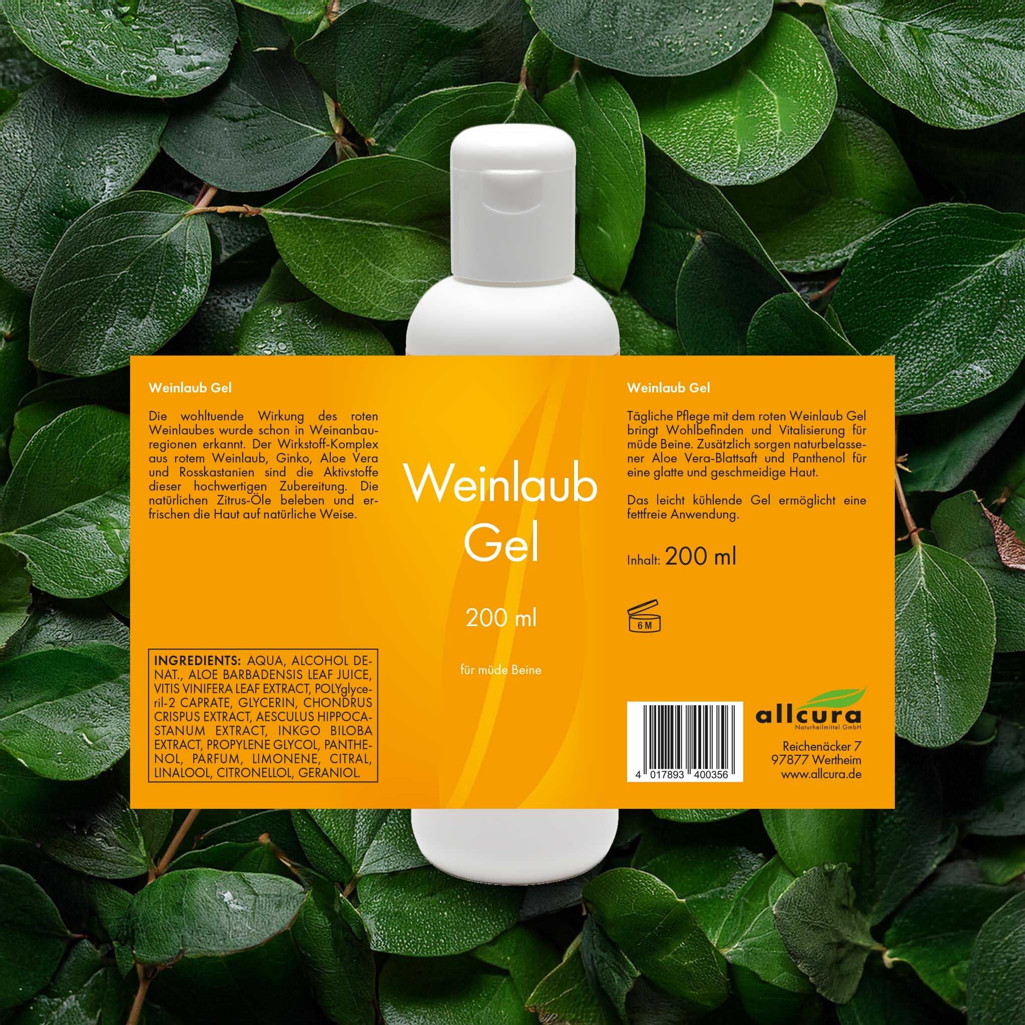 Étiquette Weinlaub Gel. Texte: 200 ml, ingrédients. Sur fond vert.
