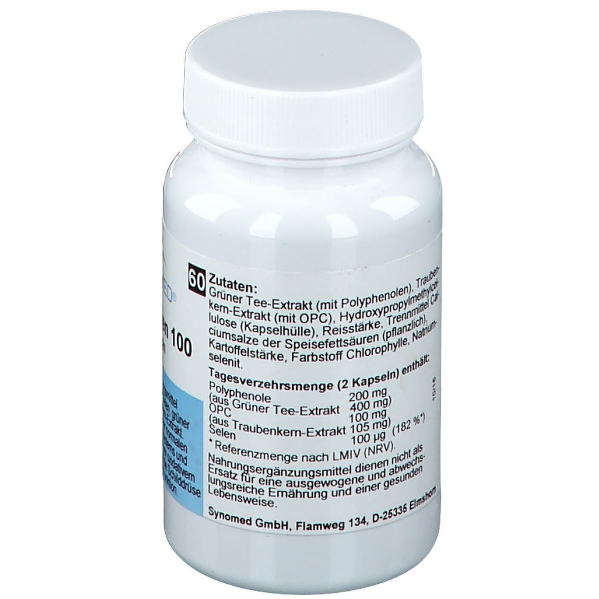 Dos du flacon blanc avec ingrédients et informations nutritionnelles. Contient extrait de thé vert, extrait de pépins de raisin, sélénium. Portion journalière : 2 gélules.