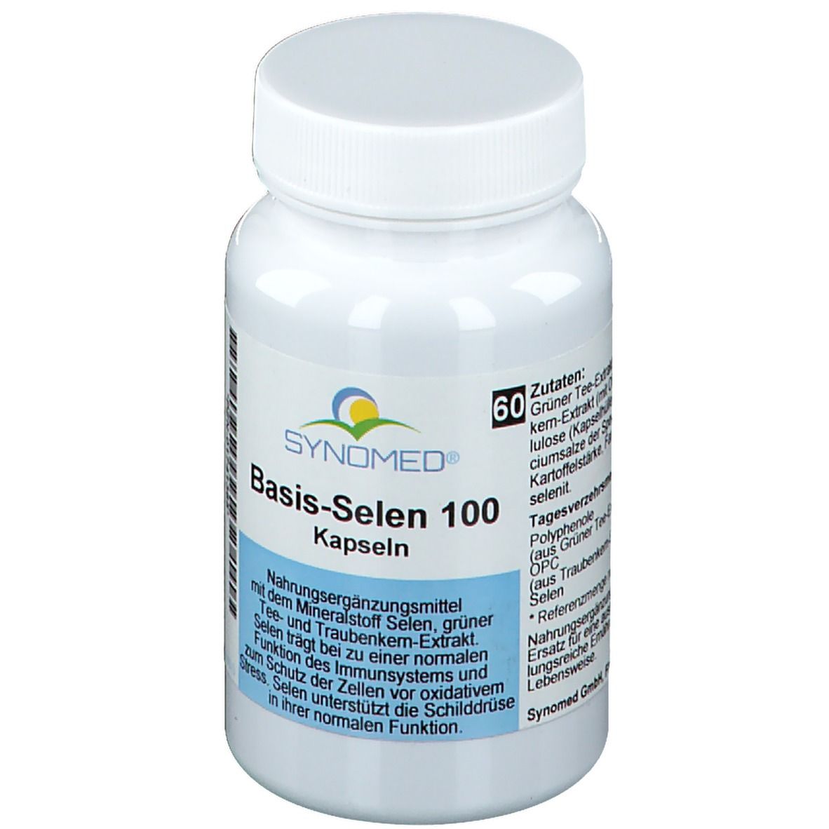 Flacon blanc avec inscription bleue SYNOMED Basis-Selen 100 Kapseln. 60 gélules. Inscription avec ingrédients et informations nutritionnelles.