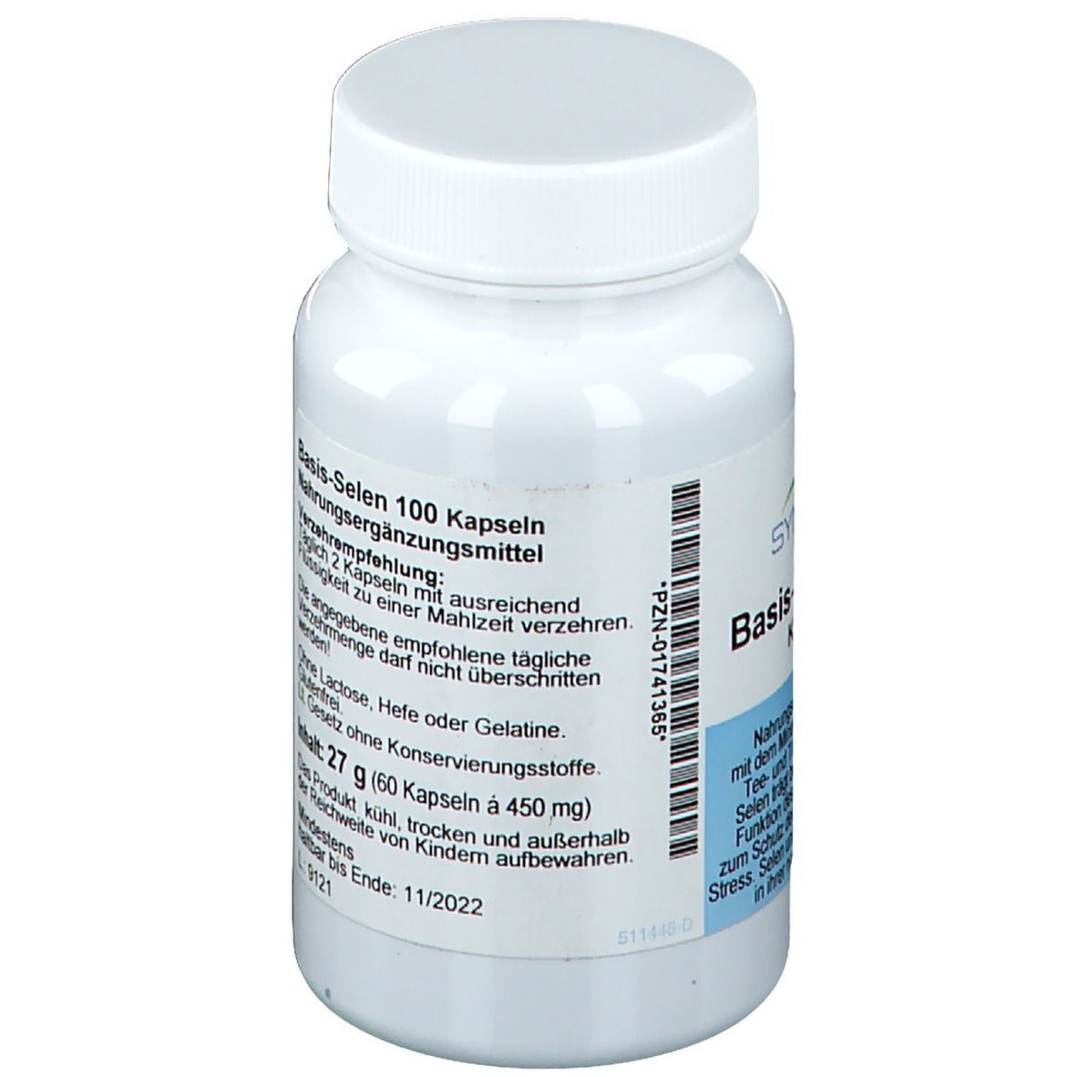 Dos du flacon blanc avec ingrédients et informations nutritionnelles. Contient 27g, 60 gélules. A consommer de préférence avant 11/2022. Numéro de lot L.9121.