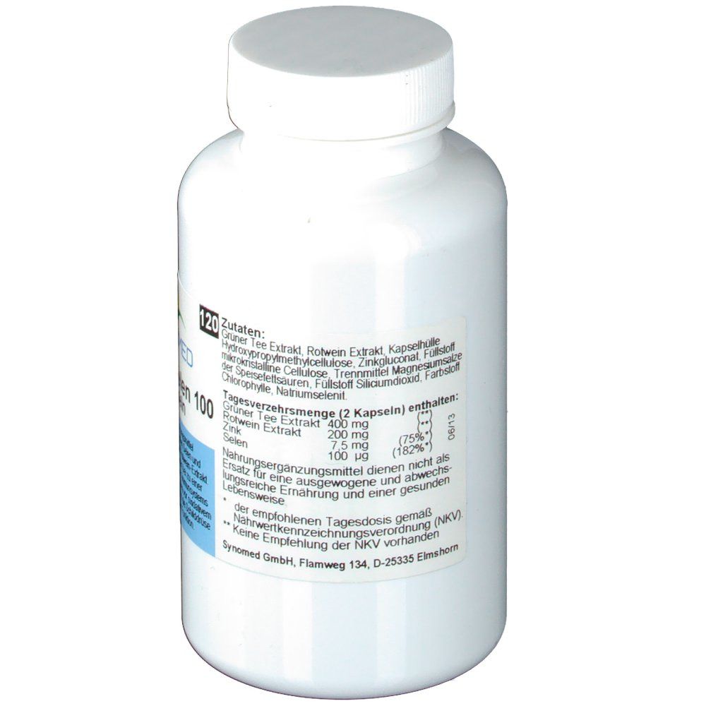 Flacon blanc avec bouchon à vis. Dos avec liste des ingrédients et informations nutritionnelles. 120 gélules. Marque SYNOMED.